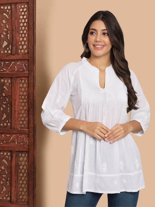 Hand Embroidered Chikankari Cotton A-Line Pleated Kurti-AL2786