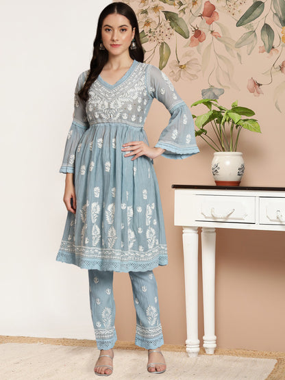 Hand Embroidered Chikankari Chanderi Cotton Frock Style Kurta Pant-AL3661KS