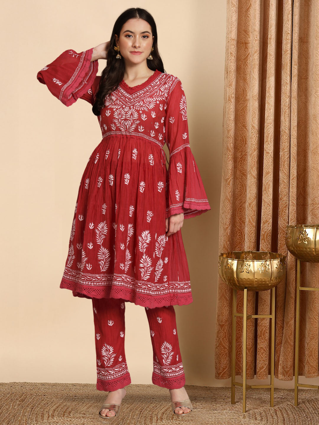 Hand Embroidered Chikankari Chanderi Cotton Frock Style Kurta Pant-AL3661KS