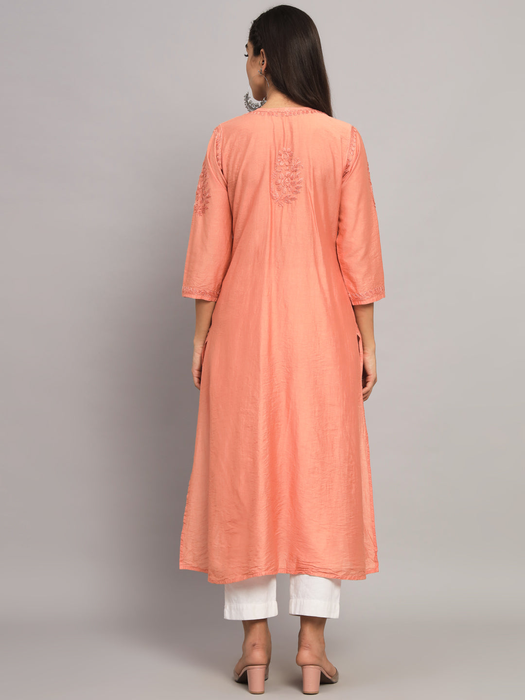 Hand embroidered floral pleated chikankari kurta AL3608