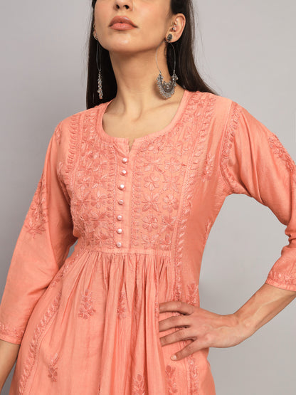 Hand embroidered floral pleated chikankari kurta AL3608