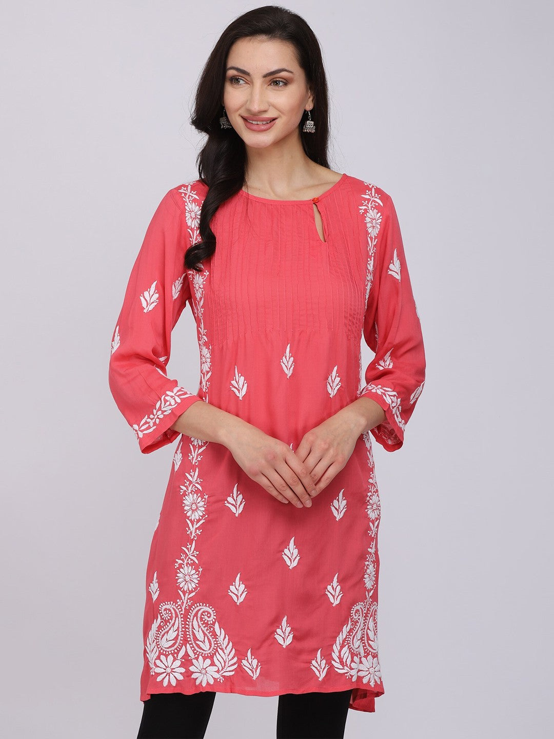 Chikankari Women Hand Embroidered Cotton A-Line Dress -AL1002