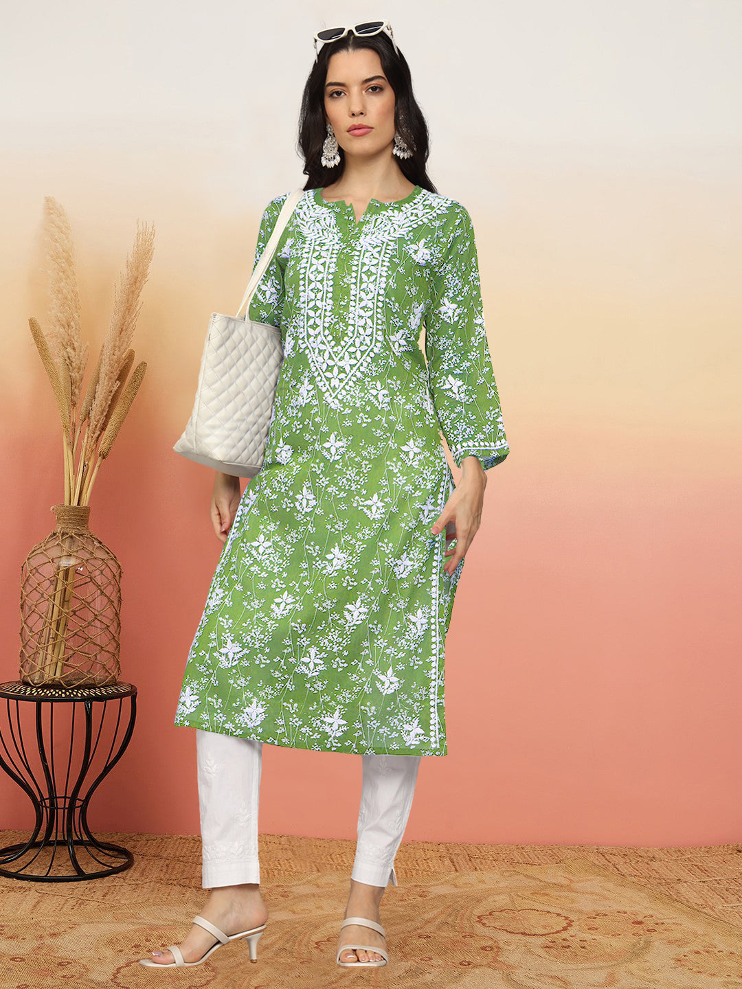 Women Hand Embroidered Chikankari Mulmul Cotton Printed Kurta-AL4041