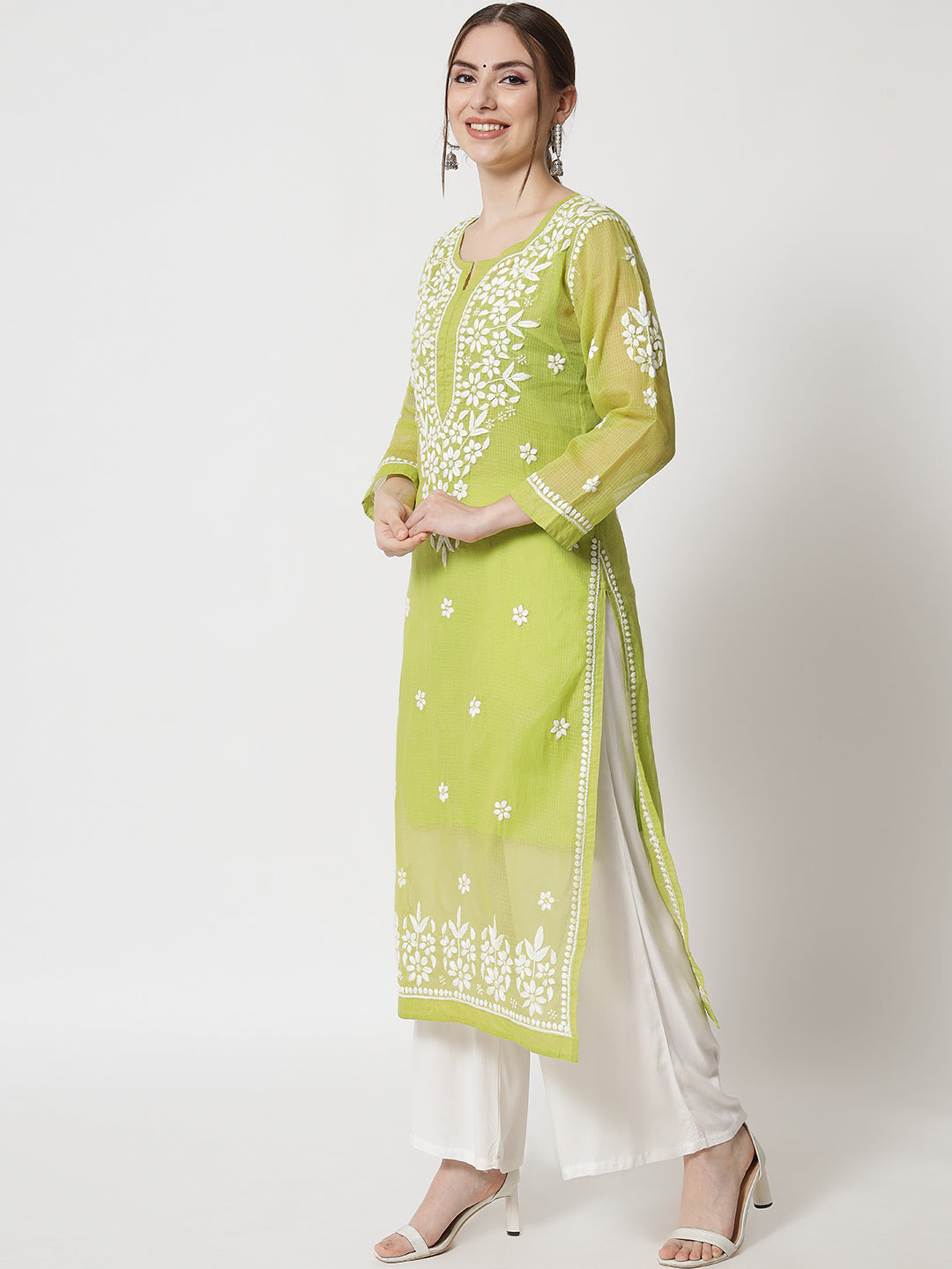 Hand Embroidered Chikankari Kota Straight Kurta With Slip-AL3540