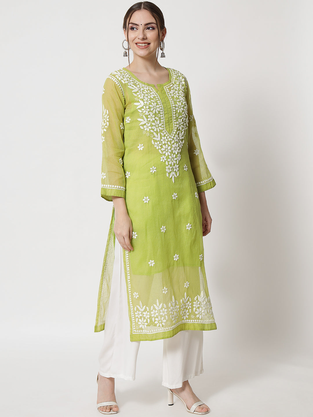 Hand Embroidered Chikankari Kota Straight Kurta With Slip-AL3540