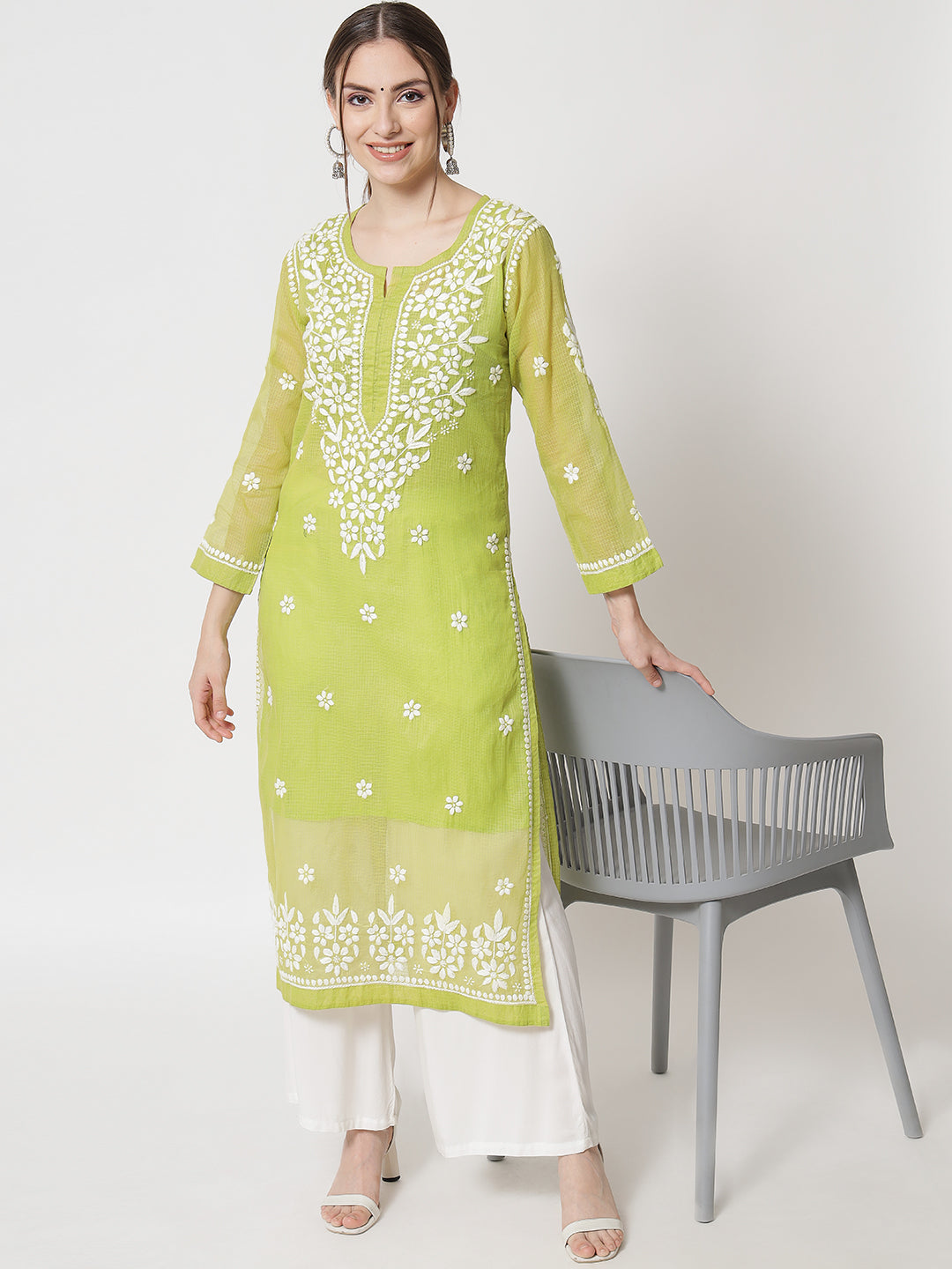 Hand Embroidered Chikankari Kota Straight Kurta With Slip-AL3540