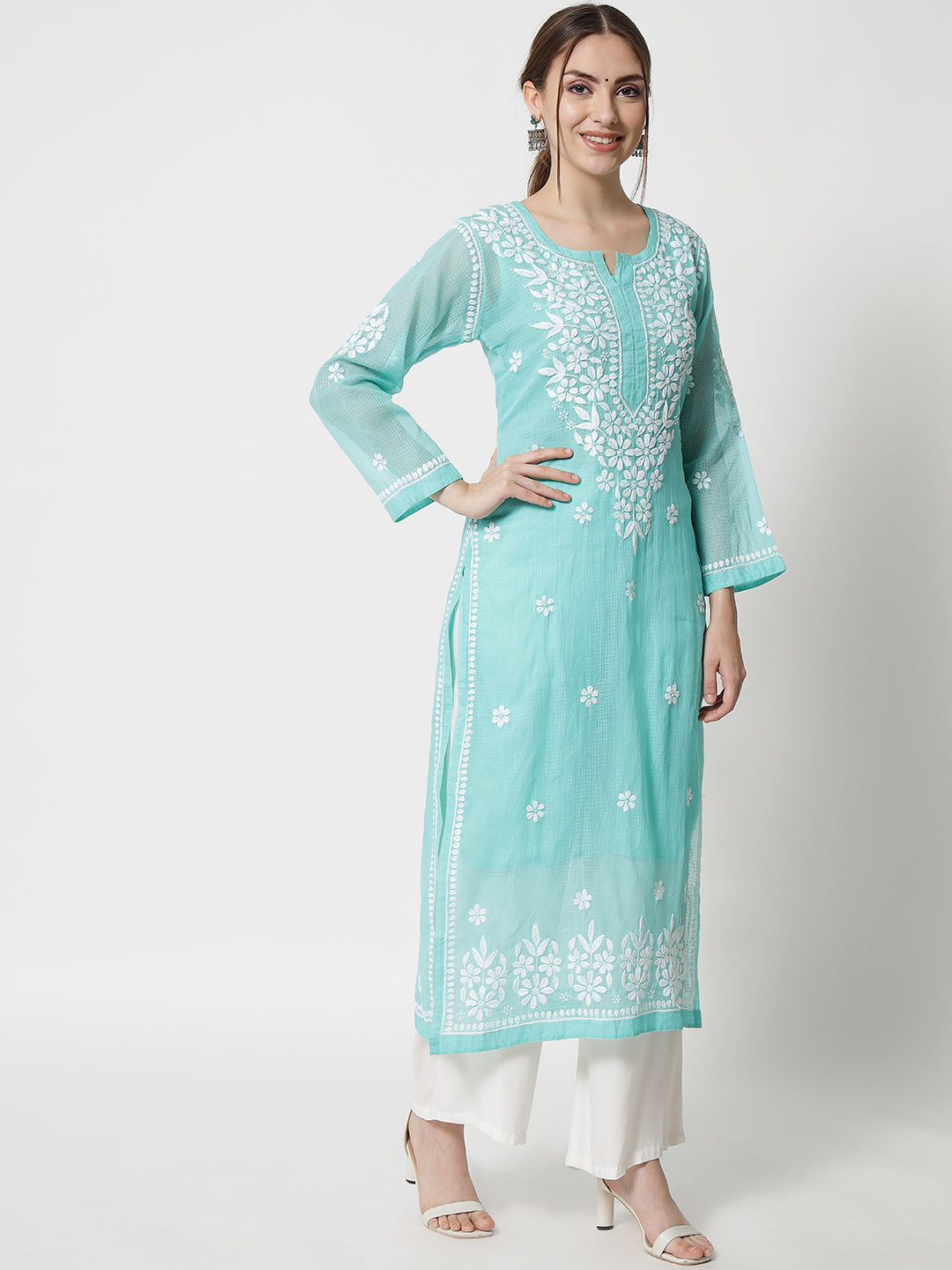 Hand Embroidered Chikankari Kota Straight Kurta With Slip-AL3540