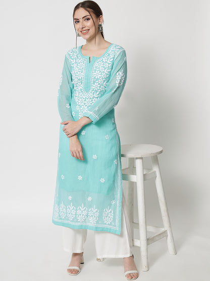 Hand Embroidered Chikankari Kota Straight Kurta With Slip-AL3540