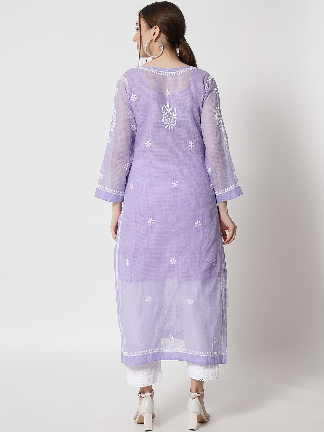 Hand Embroidered Chikankari Kota Straight Kurta With Slip-AL3540