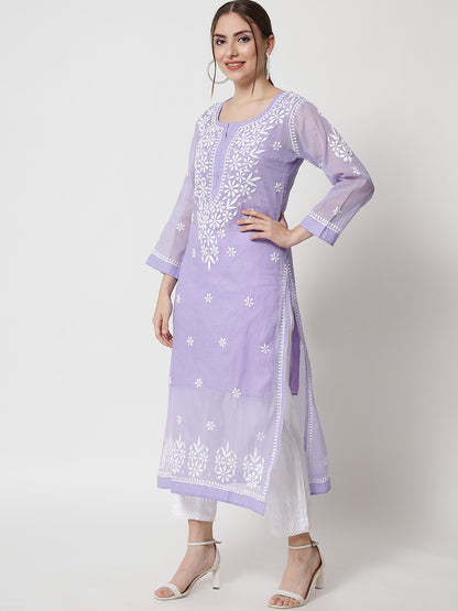 Hand Embroidered Chikankari Kota Straight Kurta With Slip-AL3540