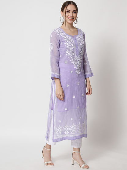 Hand Embroidered Chikankari Kota Straight Kurta With Slip-AL3540