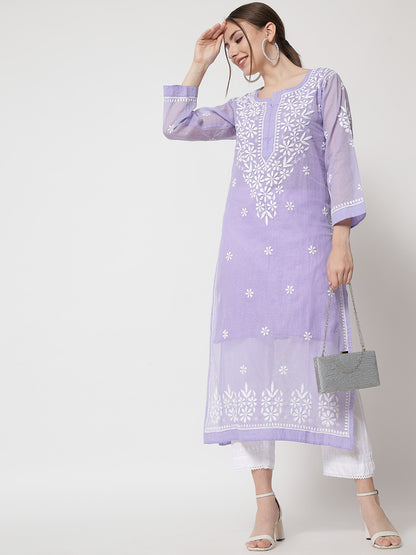 Hand Embroidered Chikankari Kota Straight Kurta With Slip-AL3540