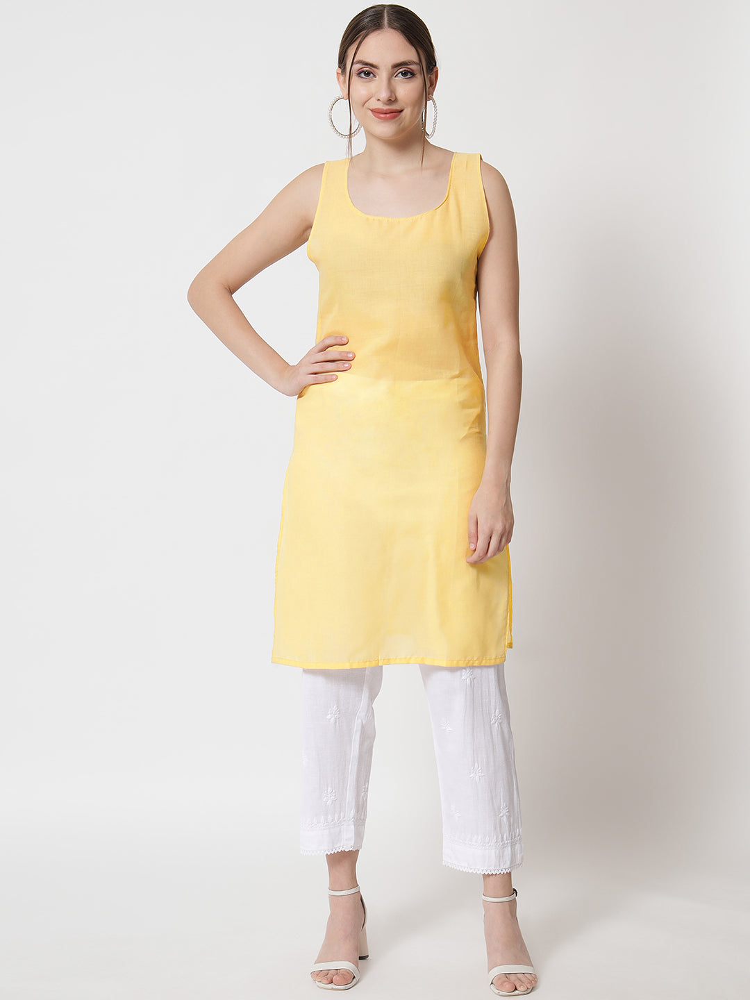 Hand Embroidered Chikankari Kota Straight Kurta With Slip-AL3540