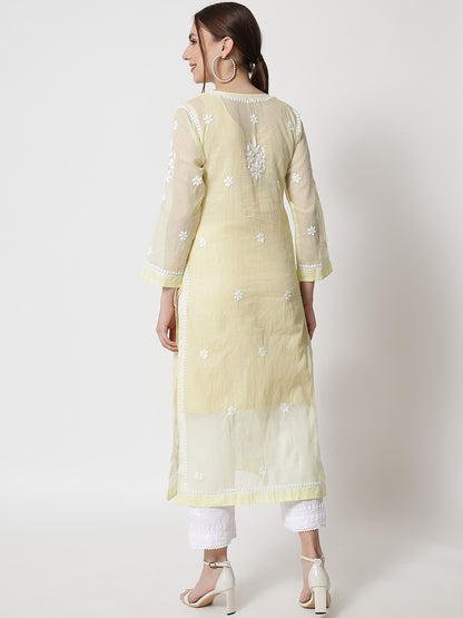 Hand Embroidered Chikankari Kota Straight Kurta With Slip-AL3540