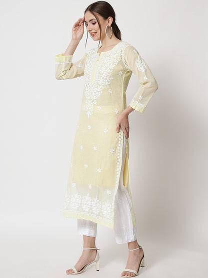 Hand Embroidered Chikankari Kota Straight Kurta With Slip-AL3540