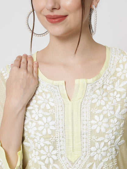 Hand Embroidered Chikankari Kota Straight Kurta With Slip-AL3540