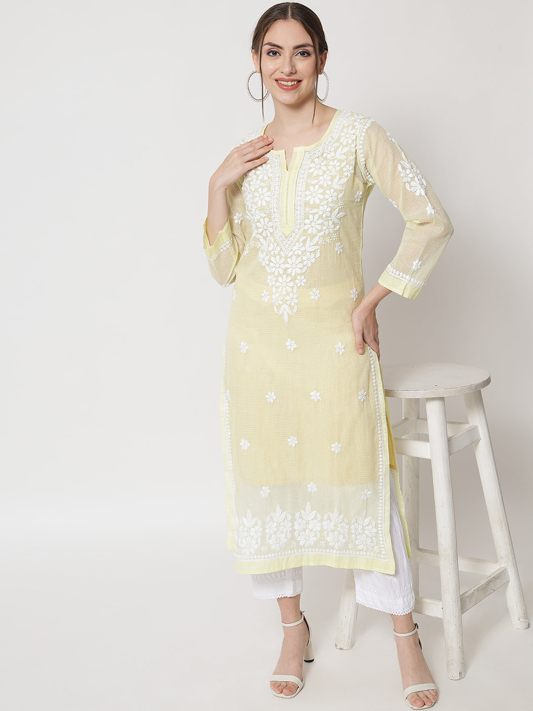 Hand Embroidered Chikankari Kota Straight Kurta With Slip-AL3540