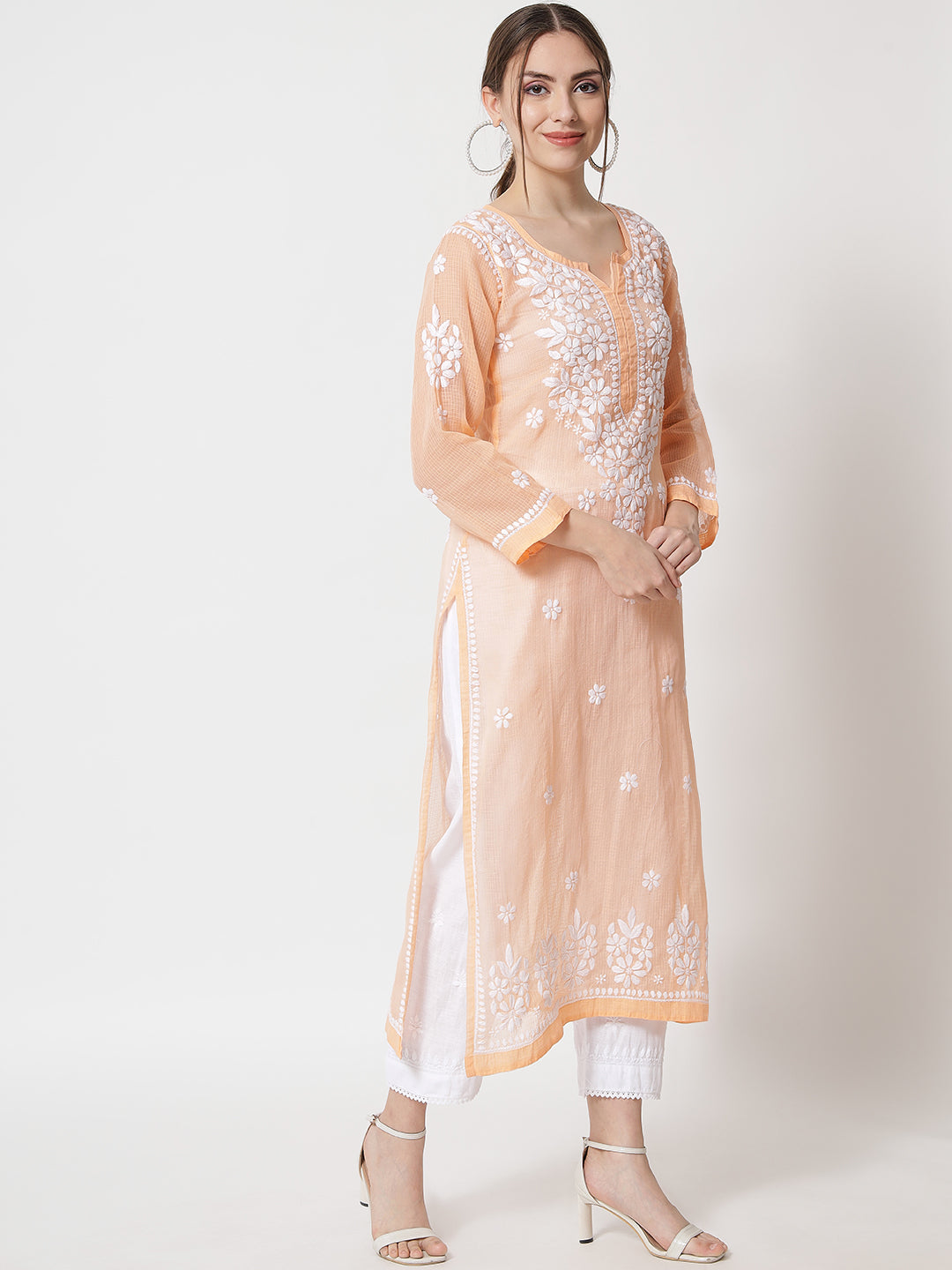 Hand Embroidered Chikankari Kota Straight Kurta With Slip-AL3540