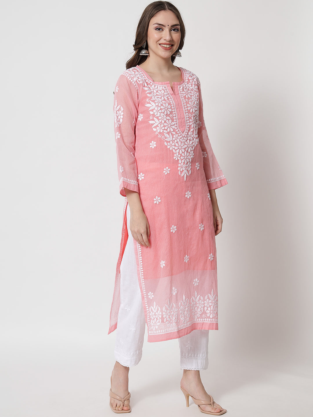 Hand Embroidered Chikankari Kota Straight Kurta With Slip-AL3540