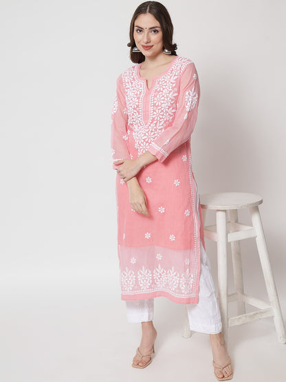 Hand Embroidered Chikankari Kota Straight Kurta With Slip-AL3540