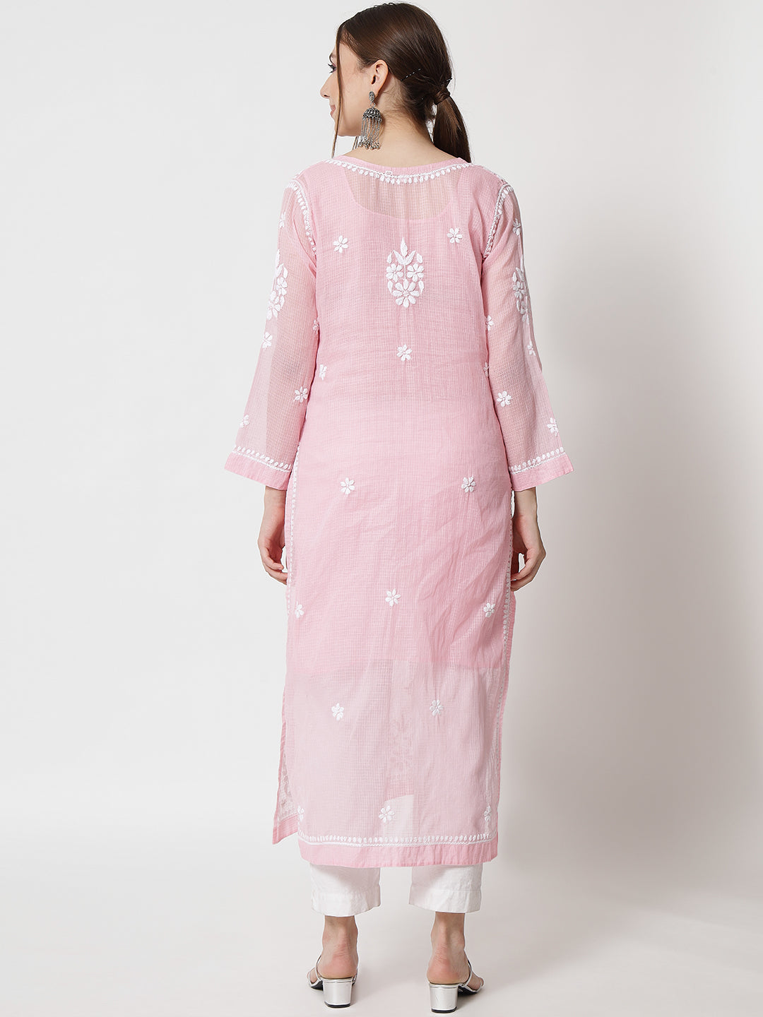 Hand Embroidered Chikankari Kota Straight Kurta With Slip-AL3540