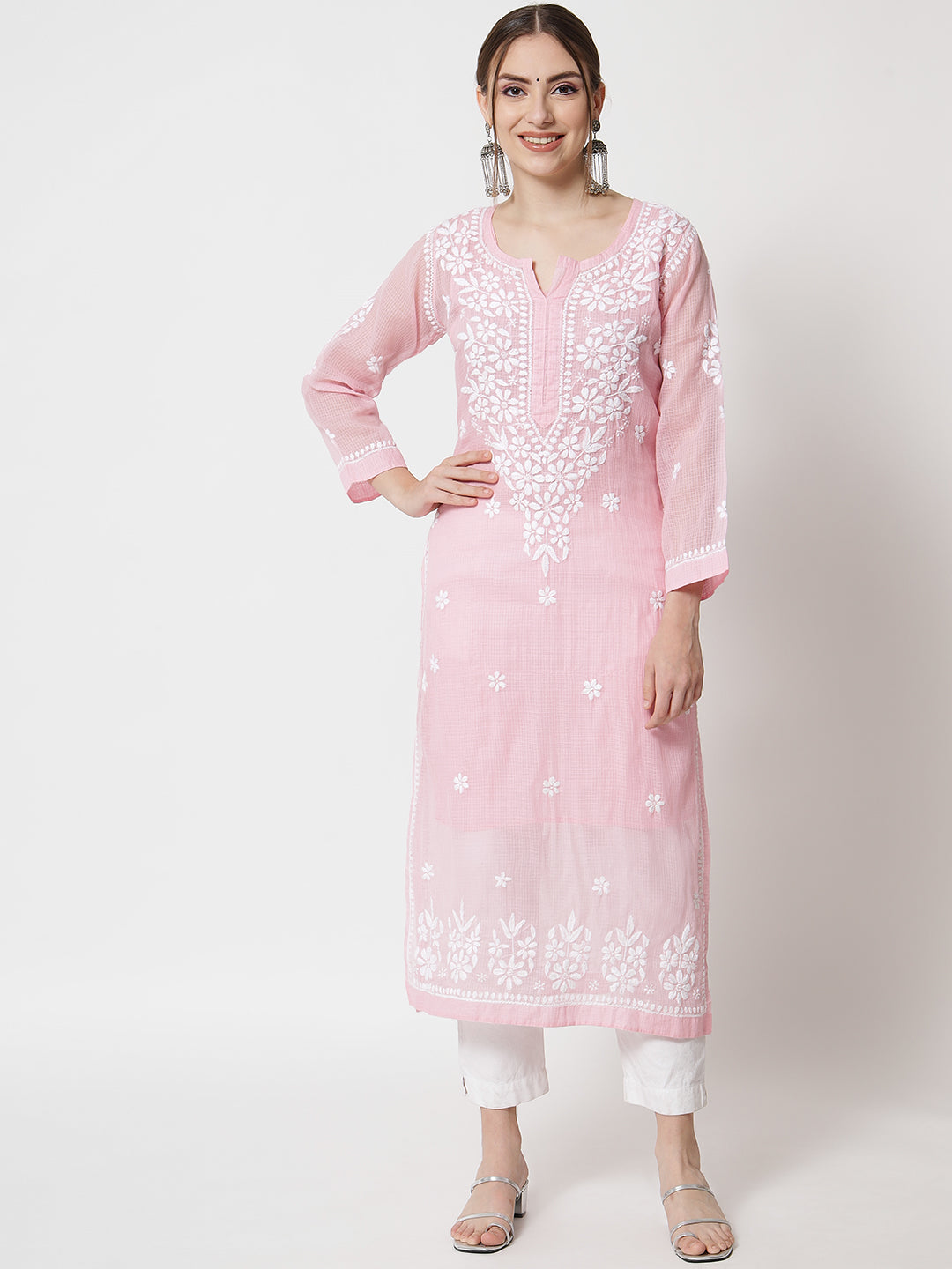 Hand Embroidered Chikankari Kota Straight Kurta With Slip-AL3540