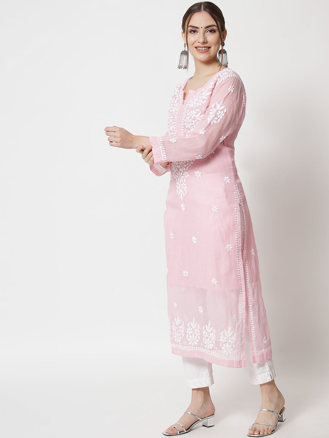 Hand Embroidered Chikankari Kota Straight Kurta With Slip-AL3540