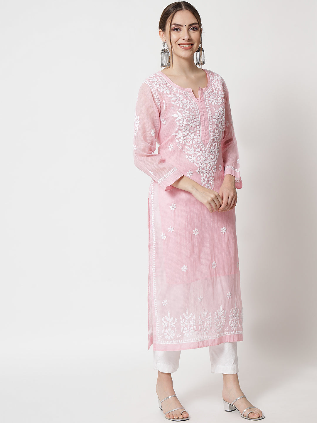 Hand Embroidered Chikankari Kota Straight Kurta With Slip-AL3540