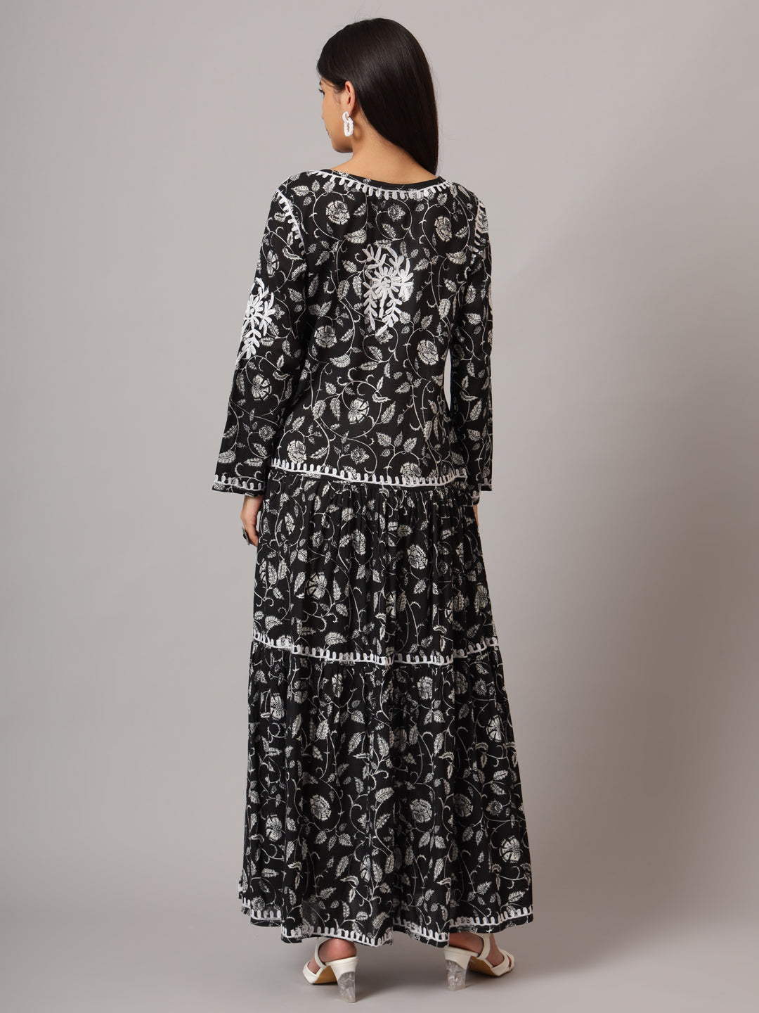 Hand Embroidered Lucknowi Chikankari  Printed Mulmul Cotton Jalabiya-AL3698