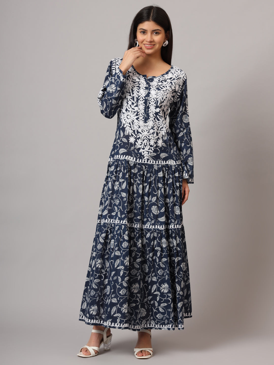 Hand Embroidered Lucknowi Chikankari  Printed Mulmul Cotton Jalabiya-AL3698