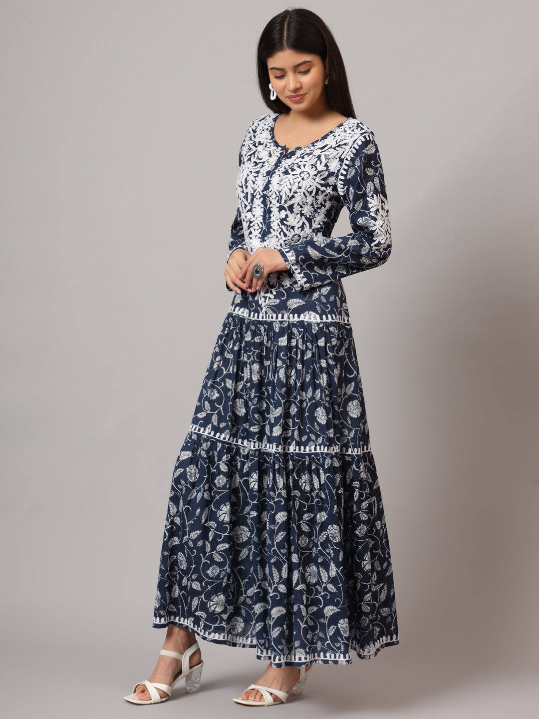 Hand Embroidered Lucknowi Chikankari  Printed Mulmul Cotton Jalabiya-AL3698