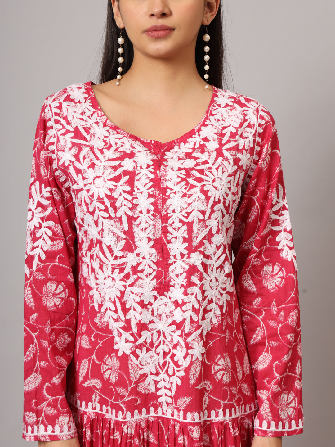 Hand Embroidered Lucknowi Chikankari  Printed Mulmul Cotton Jalabiya-AL3698