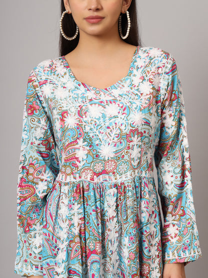 Hand Embroidered Lucknowi Chikankari  Printed Mulmul Cotton Jalabiya-AL3936