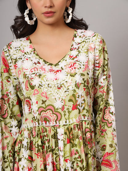 Hand Embroidered Lucknowi Chikankari  Printed Mulmul Cotton Jalabiya-AL3936