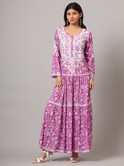 Hand Embroidered Lucknowi Chikankari  Printed Mulmul Cotton Jalabiya-AL3698