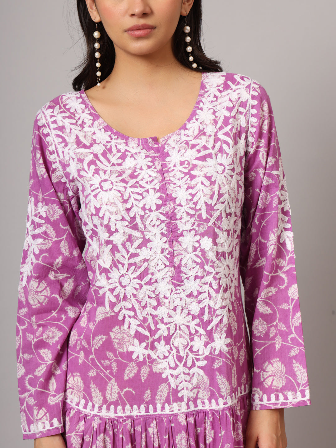 Hand Embroidered Lucknowi Chikankari  Printed Mulmul Cotton Jalabiya-AL3698