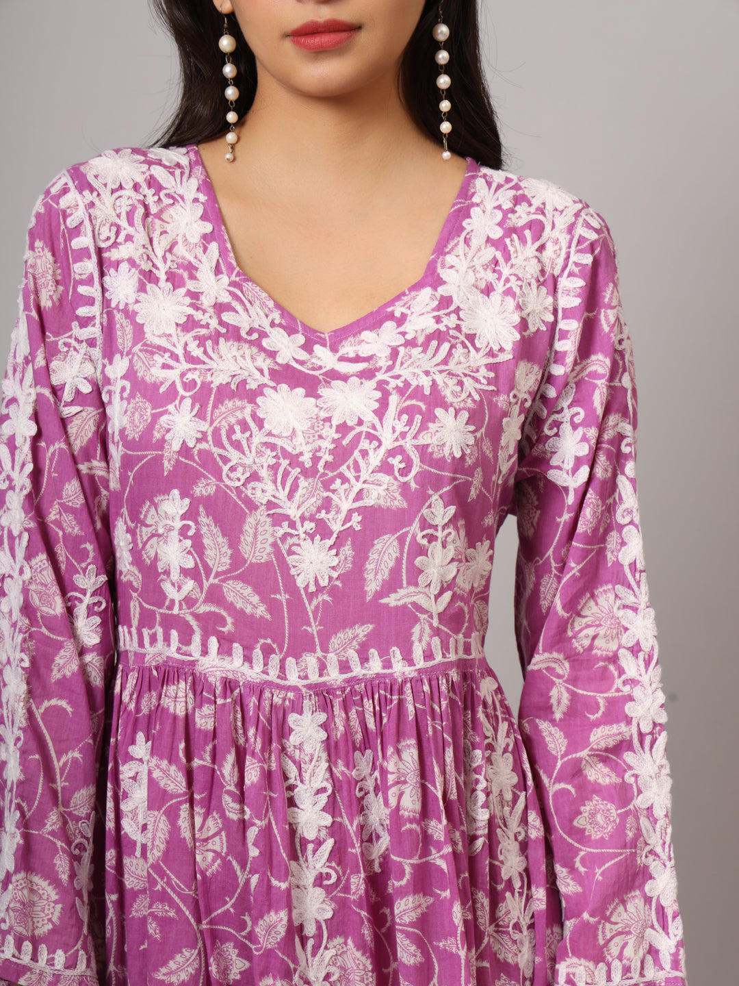 Hand Embroidered Lucknowi Chikankari  Printed Mulmul Cotton Jalabiya-AL3936