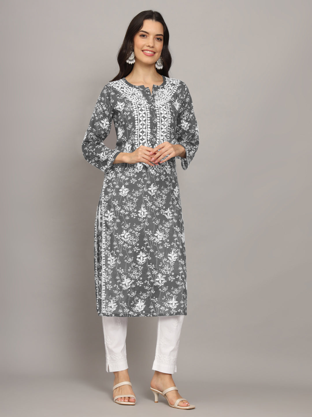 Women Hand Embroidered Chikankari Mulmul Cotton Printed Kurta-AL4041