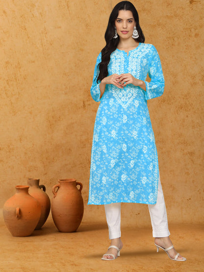 Women Hand Embroidered Chikankari Mulmul Cotton Printed Kurta-AL4041