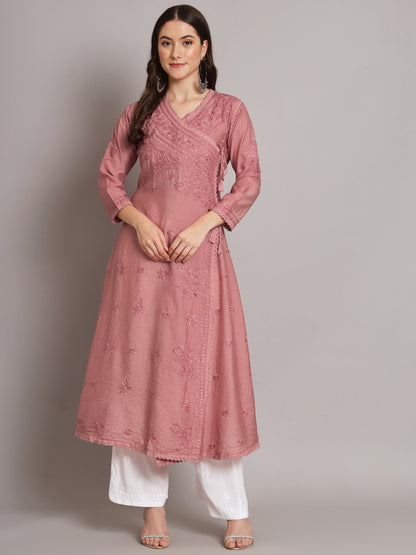 نسائي شيكانكاري مطرز يدويًا Chanderi Angrakha kurta-AL3667