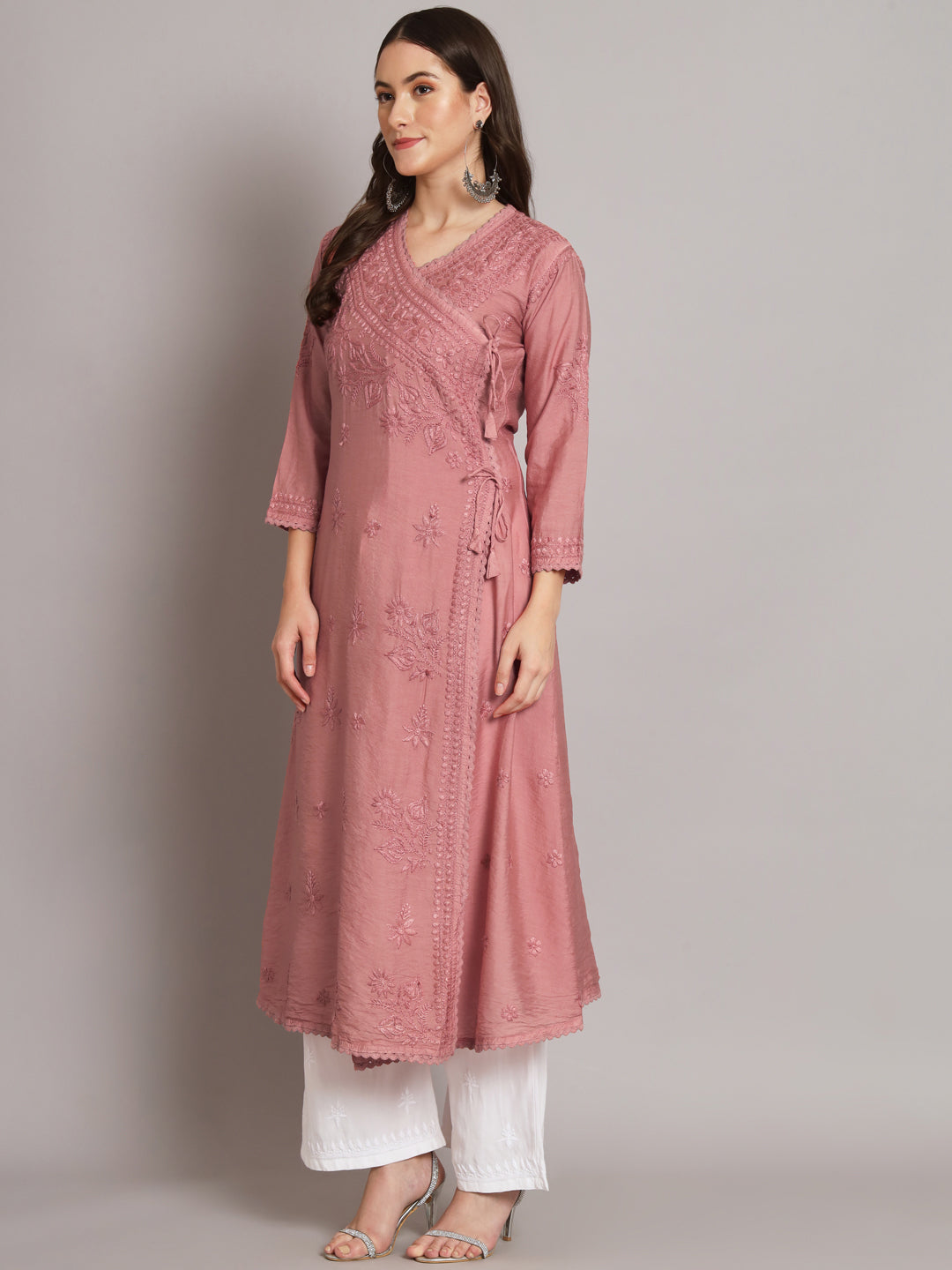 نسائي شيكانكاري مطرز يدويًا Chanderi Angrakha kurta-AL3667