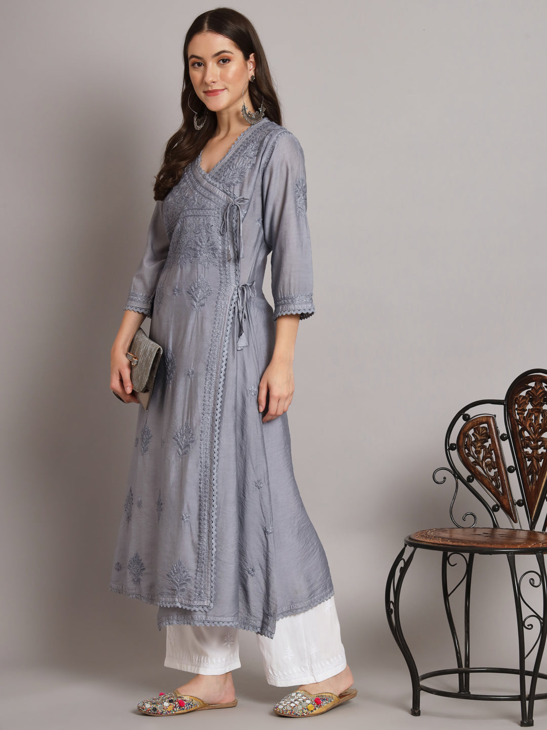 نسائي شيكانكاري مطرز يدويًا Chanderi Angrakha kurta-AL3667