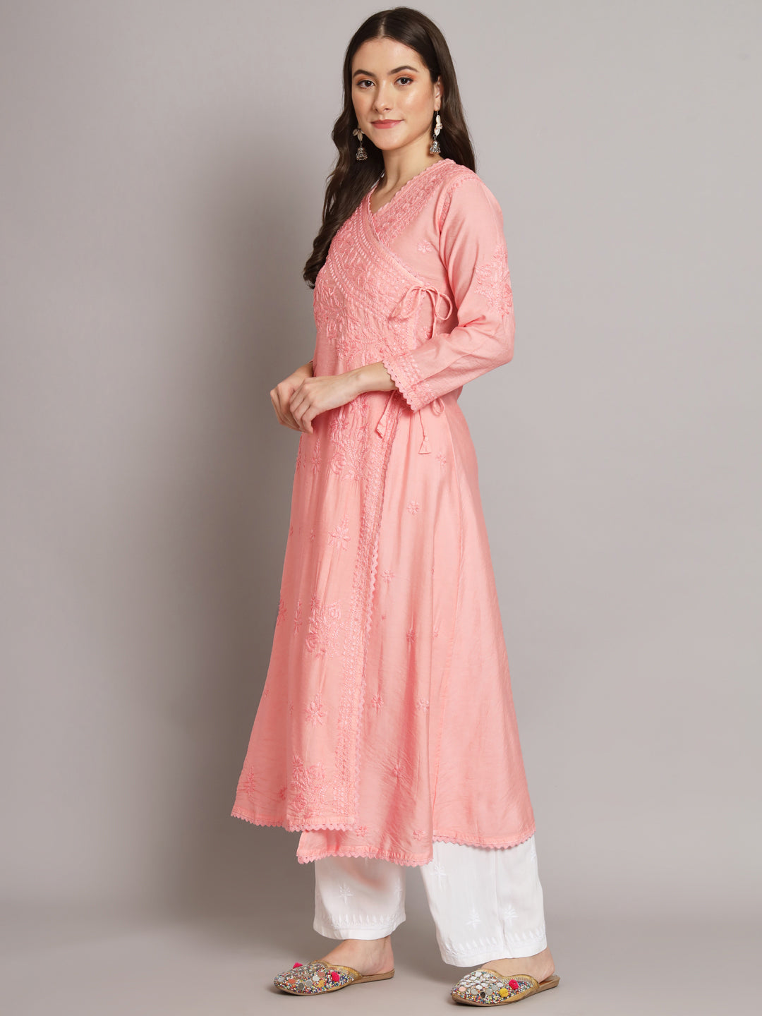 نسائي شيكانكاري مطرز يدويًا Chanderi Angrakha kurta-AL3667