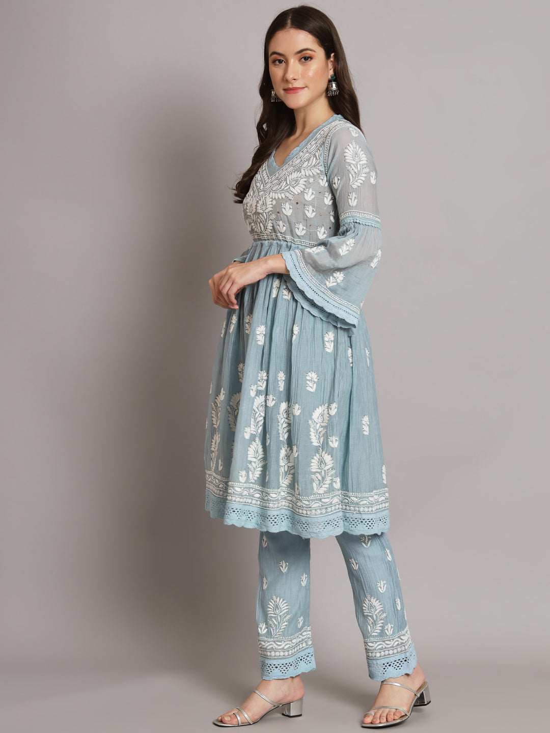 Hand Embroidered Chikankari Chanderi Cotton Frock Style Kurta Pant-AL3661KS