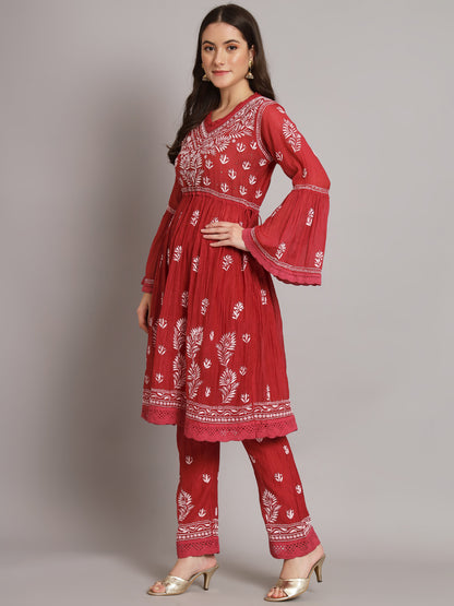 Hand Embroidered Chikankari Chanderi Cotton Frock Style Kurta Pant-AL3661KS