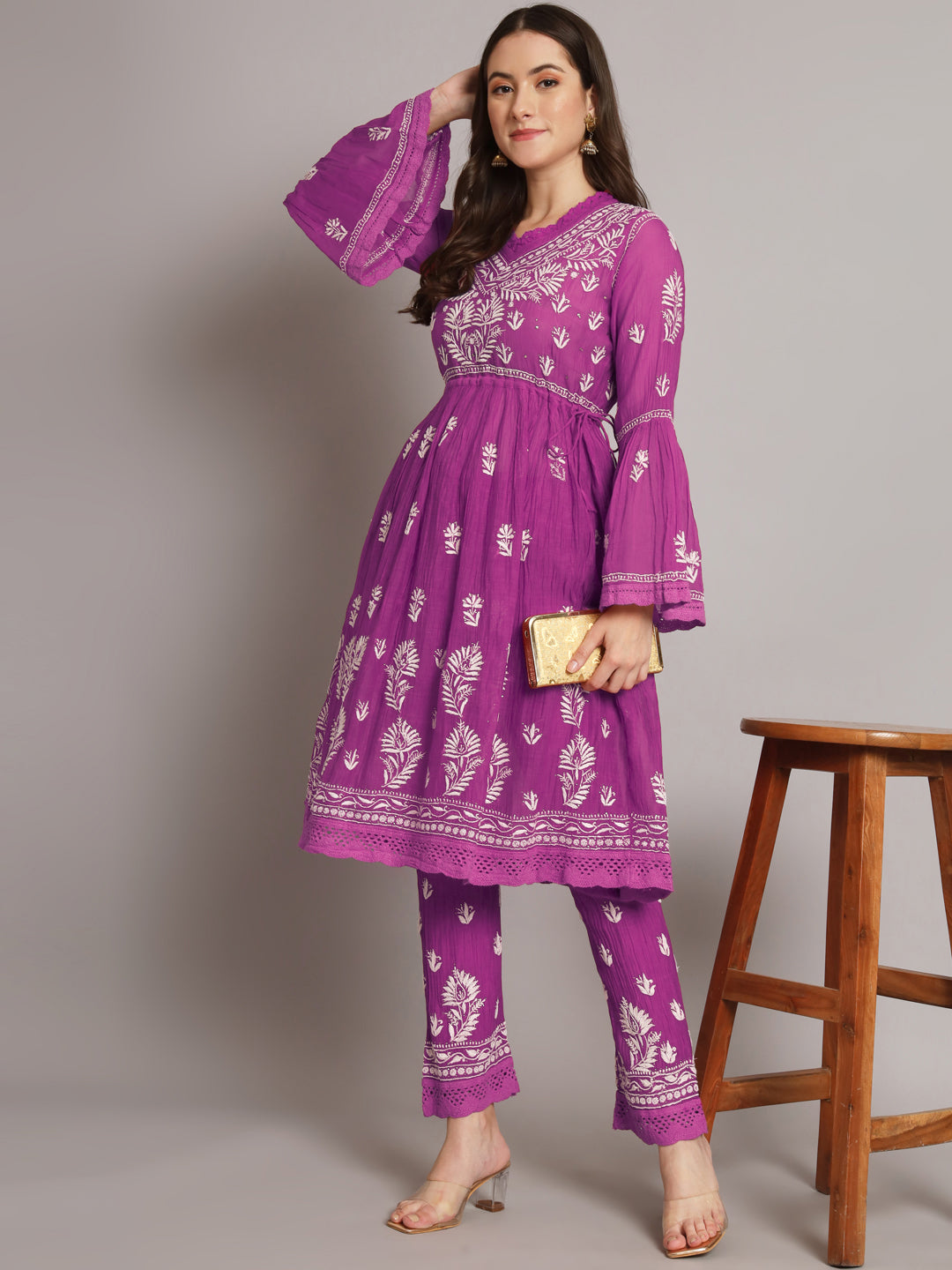 Hand Embroidered Chikankari Chanderi Cotton Frock Style Kurta Pant-AL3661KS