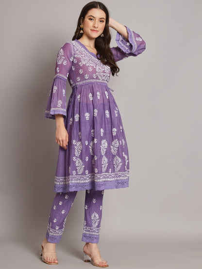 Hand Embroidered Chikankari Chanderi Cotton Frock Style Kurta Pant-AL3661KS