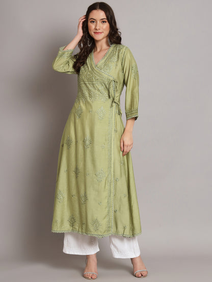 نسائي شيكانكاري مطرز يدويًا Chanderi Angrakha kurta-AL3667