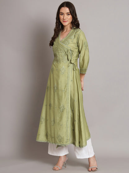 نسائي شيكانكاري مطرز يدويًا Chanderi Angrakha kurta-AL3667