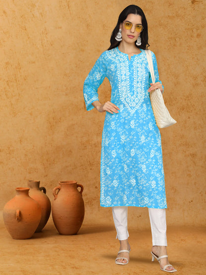 Women Hand Embroidered Chikankari Mulmul Cotton Printed Kurta-AL4041